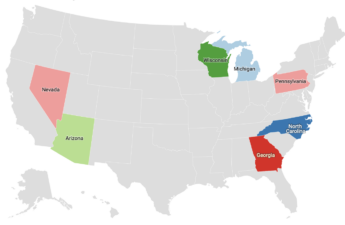 Map of the U.S. showing the states swing states.